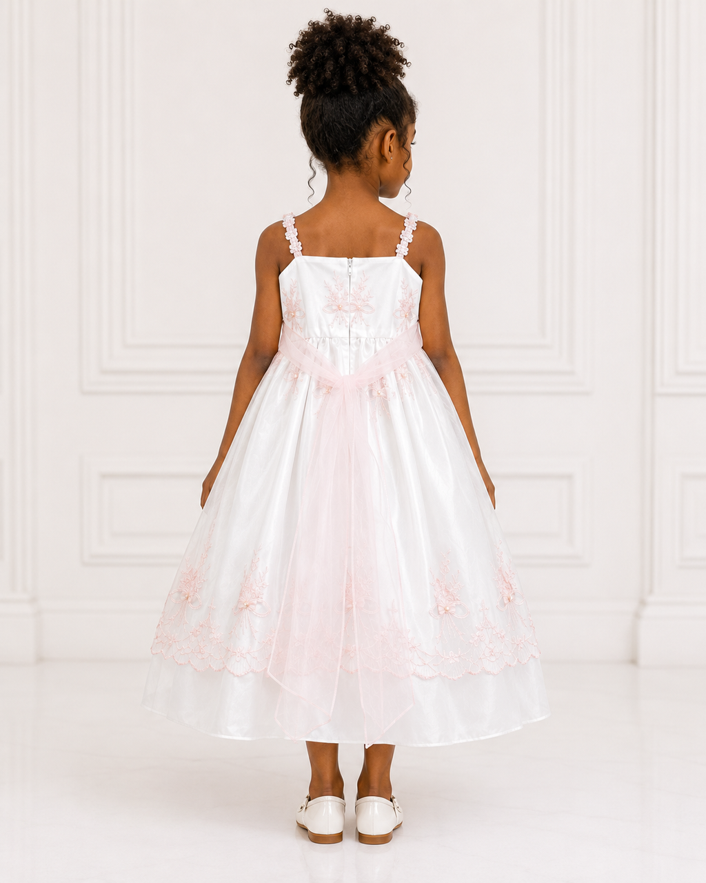 Girls Ivory Pink-Lace Applique Flower Girl Dress - Back View | Afayi Commerce