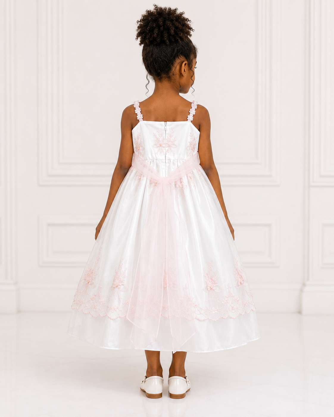 Girls Ivory Pink-Lace Applique Flower Girl Dress - Back View | Afayi Commerce