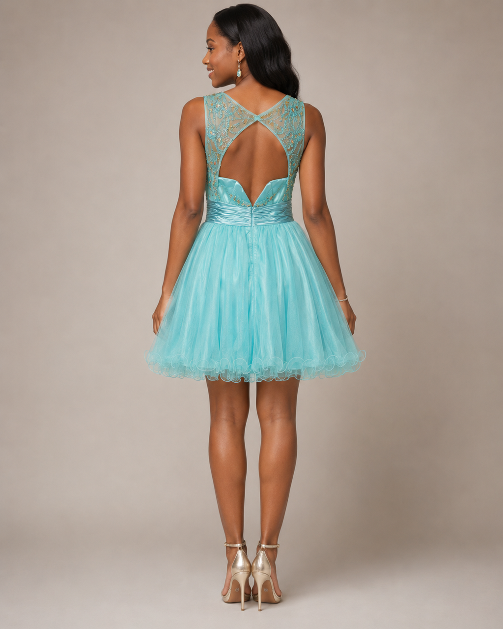 Aqua Glitter Tulle Lace-Bodice Party Dress - Back View | Afayi Commerce