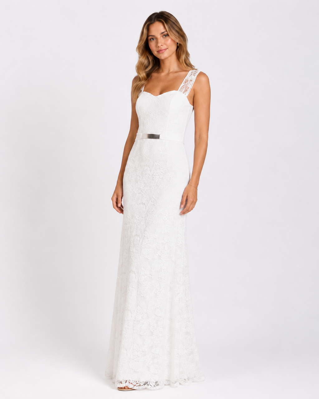 Ivory Floral Lace Column Bridal Gown