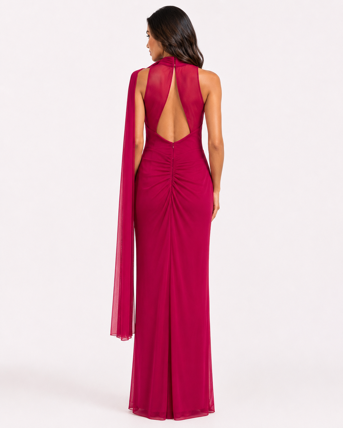 Raspberry Beaded Scoop-Neck Draped Gown