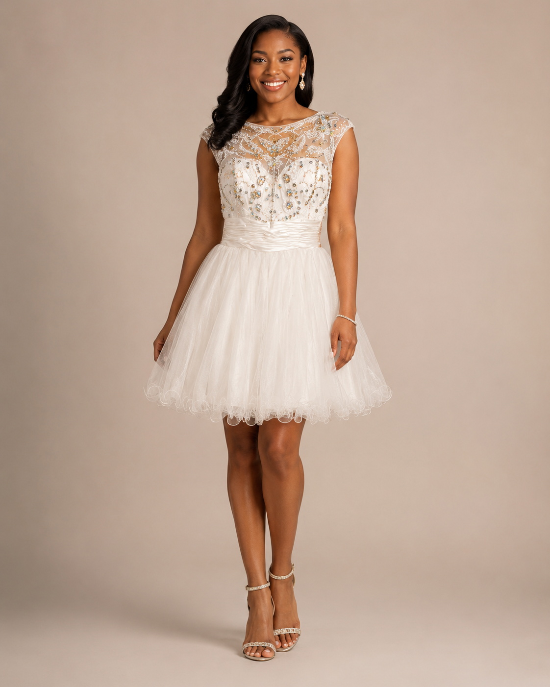 Ivory Gold-Beaded Illusion Tulle Party Dress - Front View 3 | Afayi Commerce