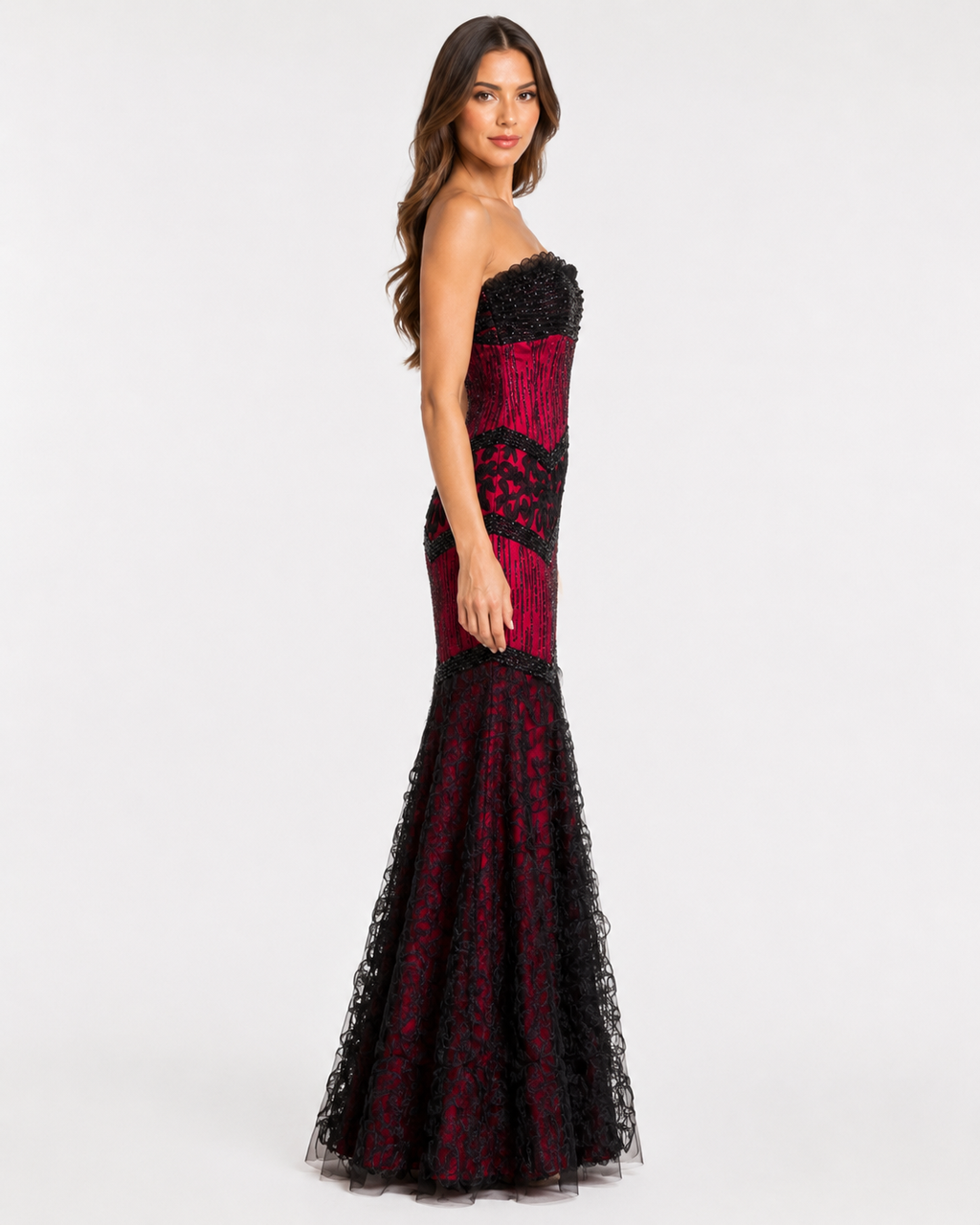 Crimson and Black Beaded Chevron Lace Mermaid Gown
