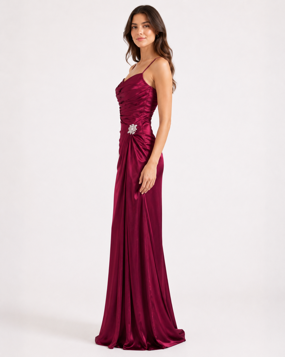 Wine Satin Cowl-Back Slip Column Gown