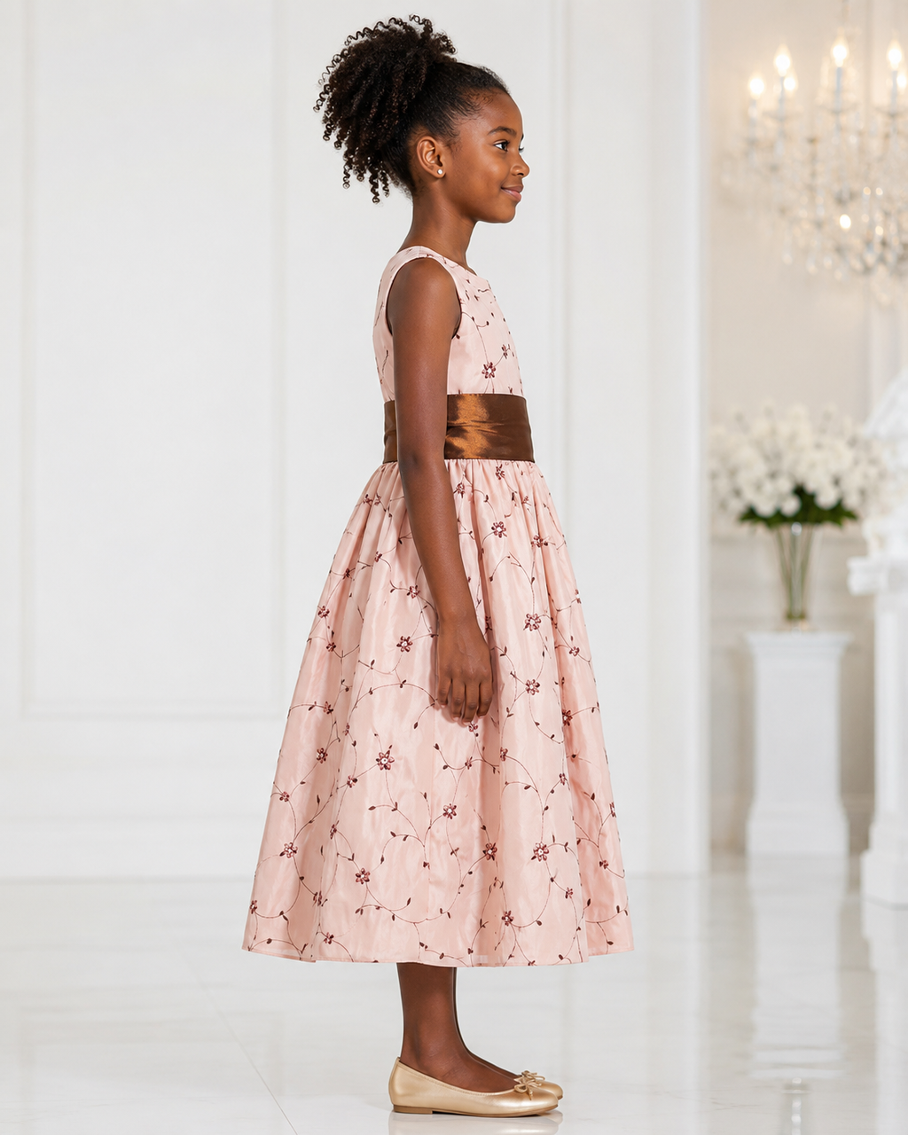 Girls Blush Floral Embroidered Bronze-Sash Dress - Side View | Afayi Commerce