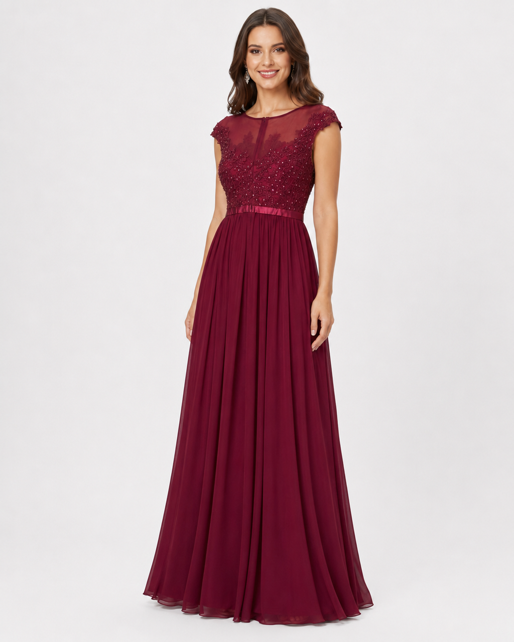 Burgundy Lace Cap-Sleeve Chiffon A-Line Gown