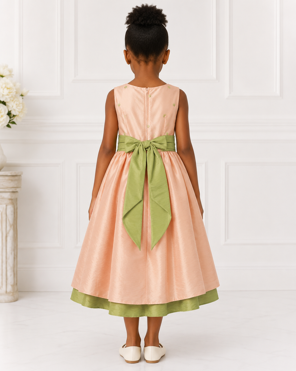Girls Peach Taffeta Sage-Sash Flower Girl Dress - Back View | Afayi Commerce