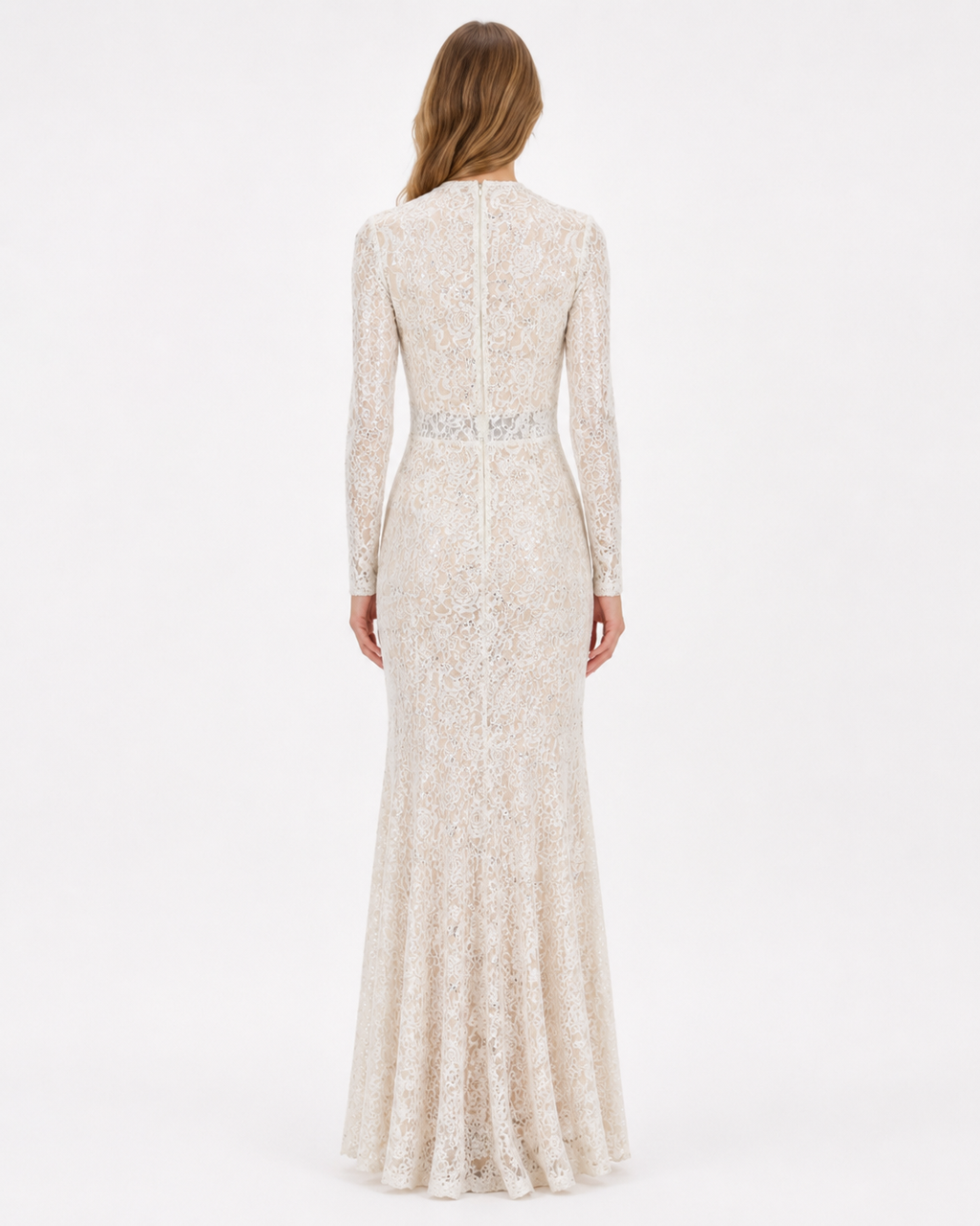 Ivory long-sleeve floral lace mermaid gown with fitted bodice and flared hem