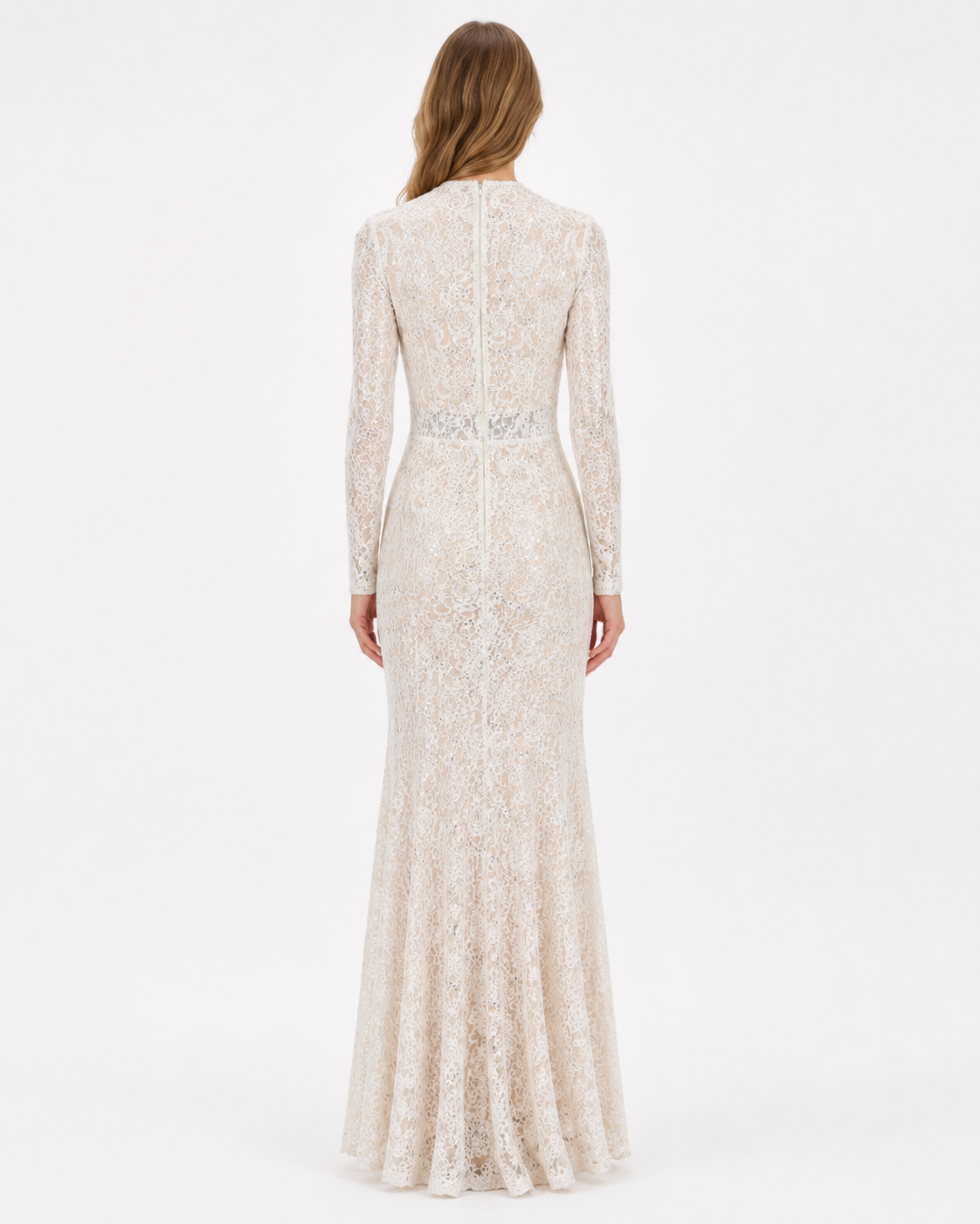 Ivory long-sleeve floral lace mermaid gown with fitted bodice and flared hem