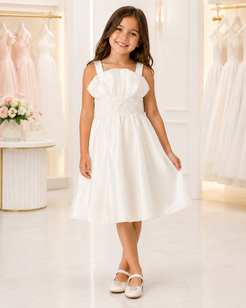 Girls Ivory Taffeta Square-Neck Flower Girl Dress - Front View 3 | Afayi Commerce