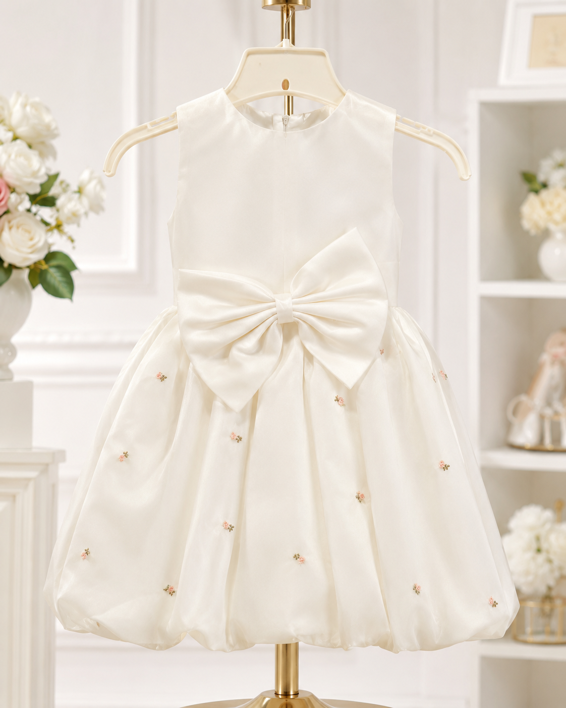 Girls Ivory Satin Rosebud Bubble-Hem Dress - Back View 3 | Afayi Commerce
