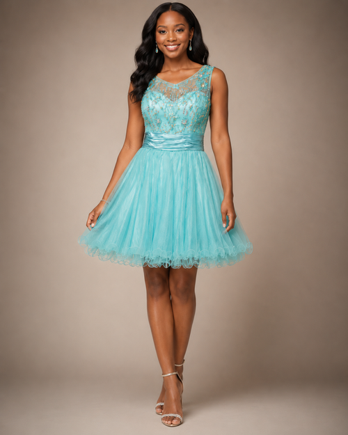 Aqua Glitter Tulle Lace-Bodice Party Dress - Front View 2 | Afayi Commerce