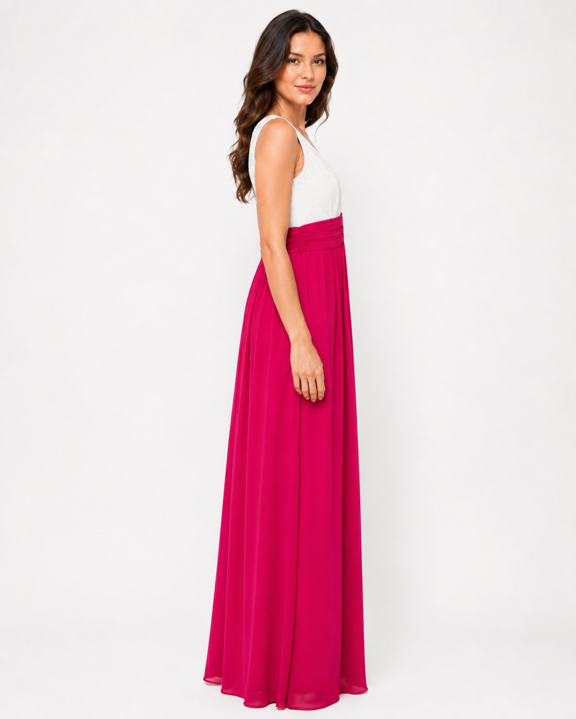 White Lace and Magenta Chiffon A-Line Gown