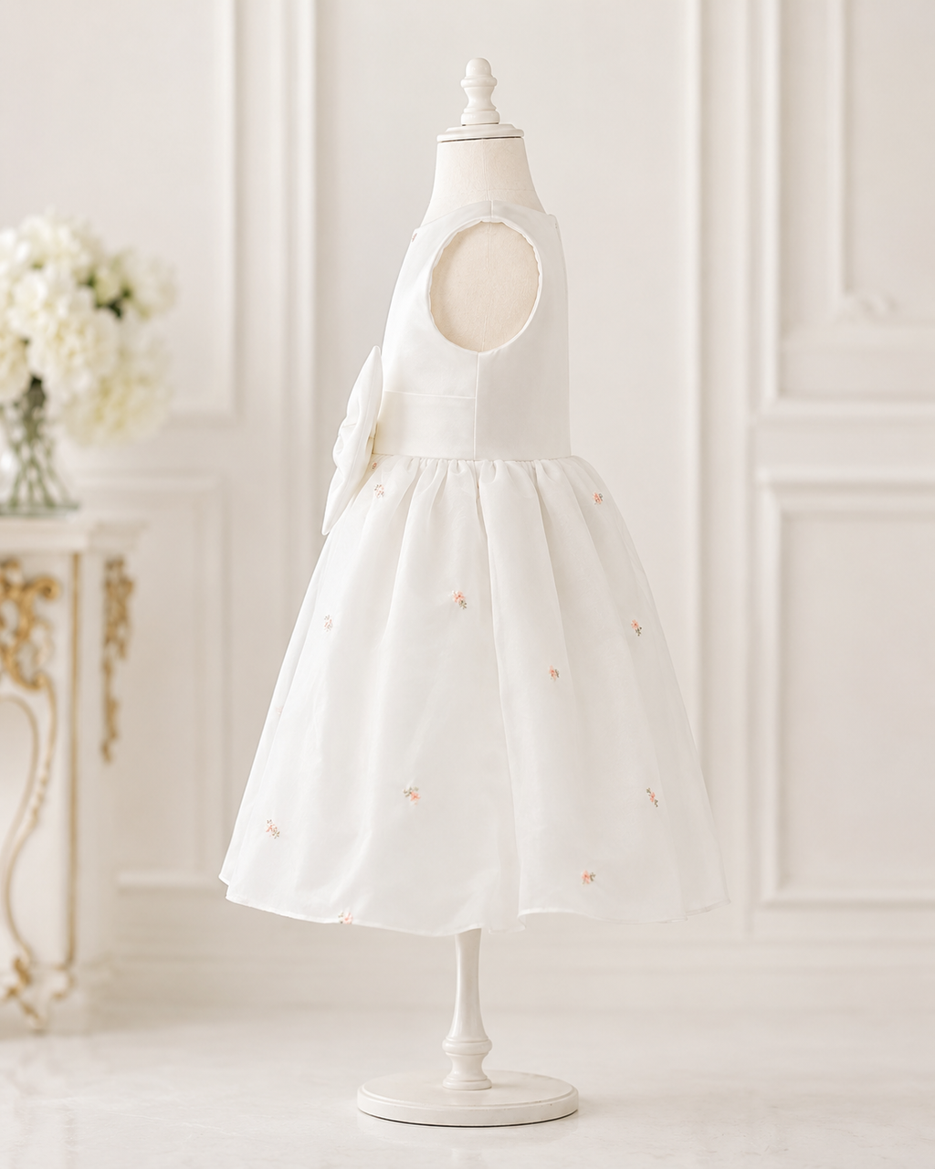 Girls White Organza Rosebud Keyhole Dress - Back View 2 | Afayi Commerce