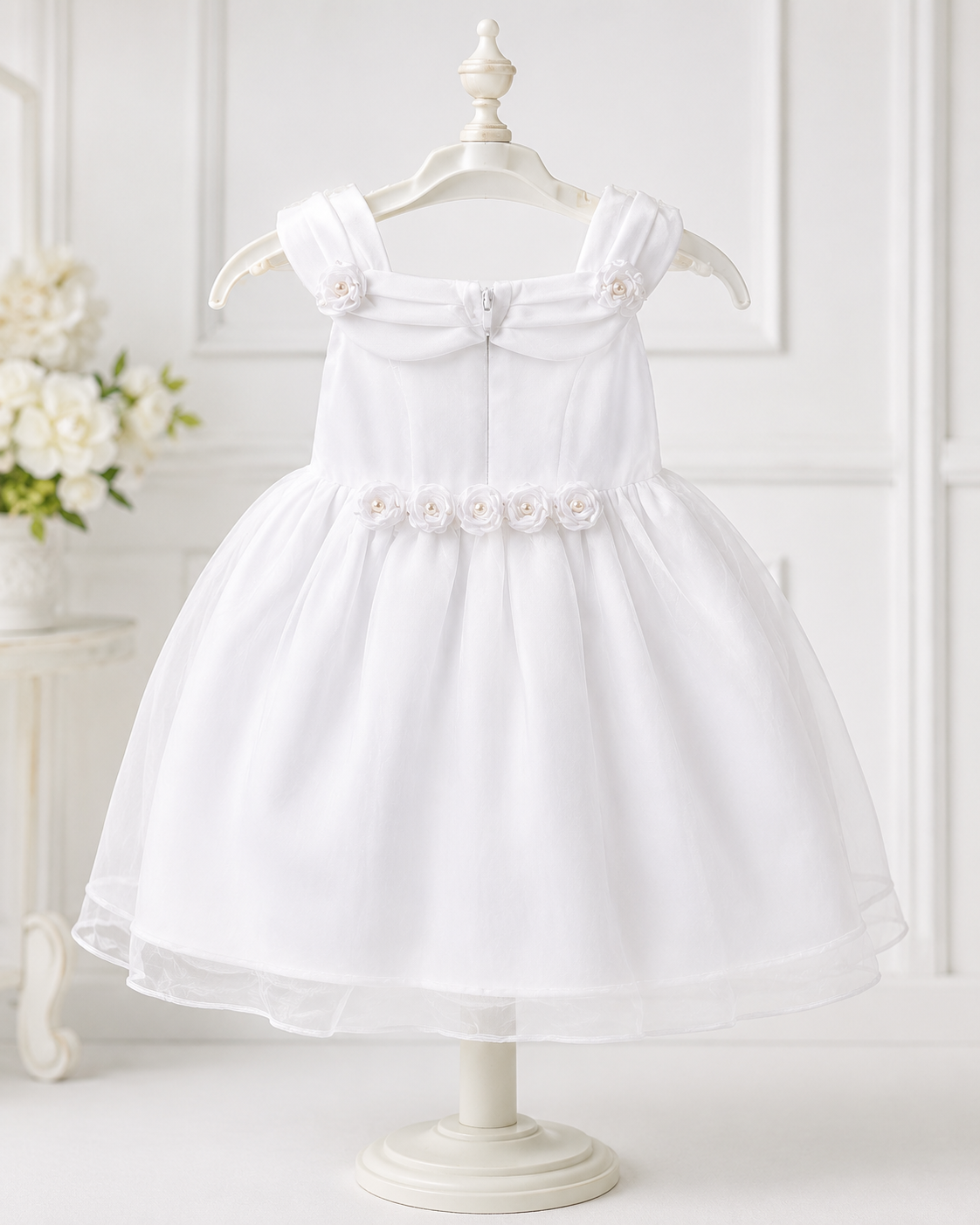 Girls White Organza Rosette-Waist Flower Girl Dress - Front View 2 | Afayi Commerce