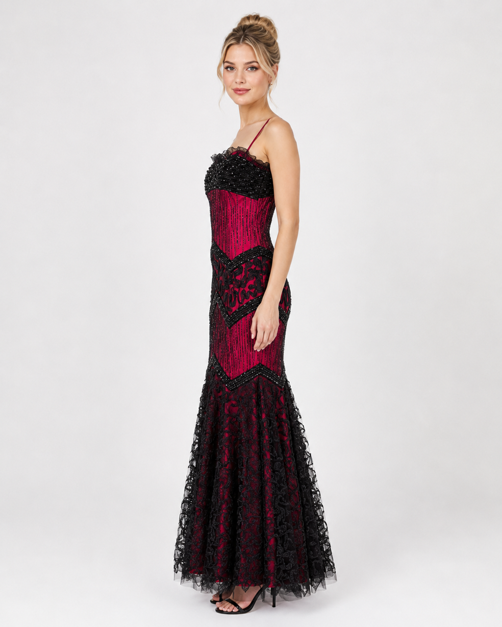 Crimson and Black Beaded Chevron Lace Mermaid Gown
