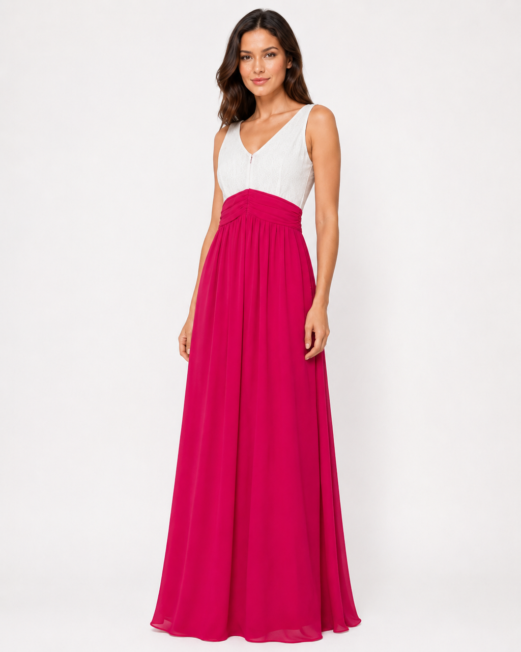 White lace and magenta chiffon A-line gown with V-neckline and ruched waist