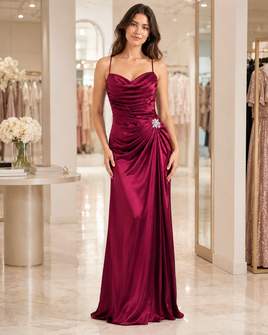 Magenta Satin Ruched Mermaid Gown