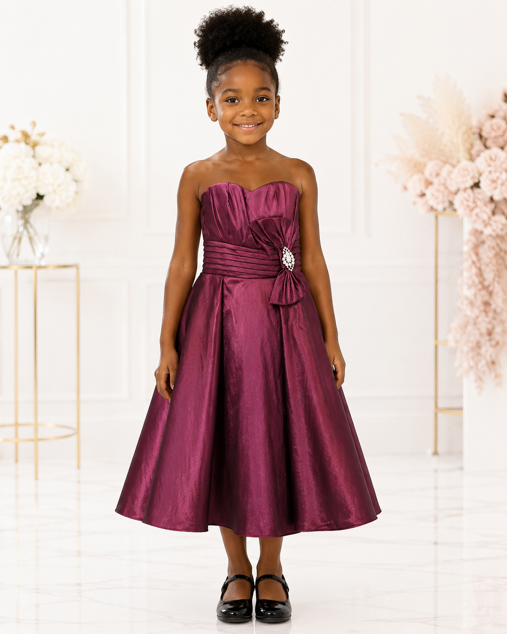 Girls Berry Strapless Ruched Taffeta Party Dress - Front View 3 | Afayi Commerce