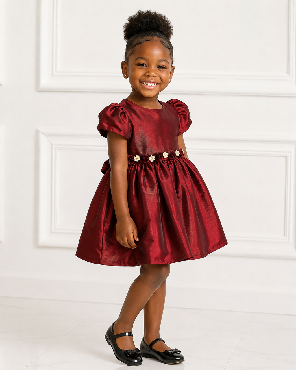 Girls Burgundy Taffeta Puff-Sleeve Holiday Dress - Front View 2 | Afayi Commerce