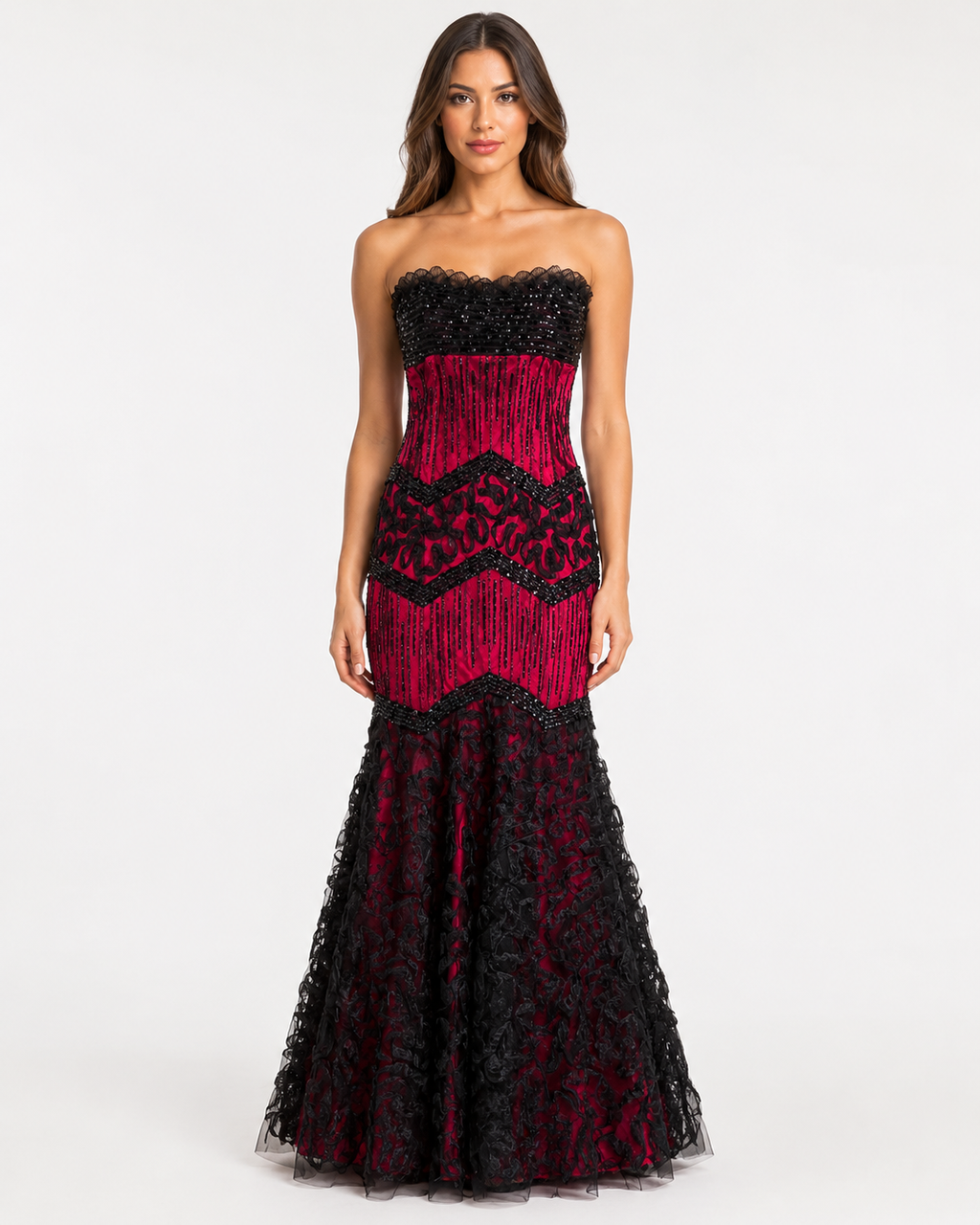 Crimson and Black Beaded Chevron Lace Mermaid Gown