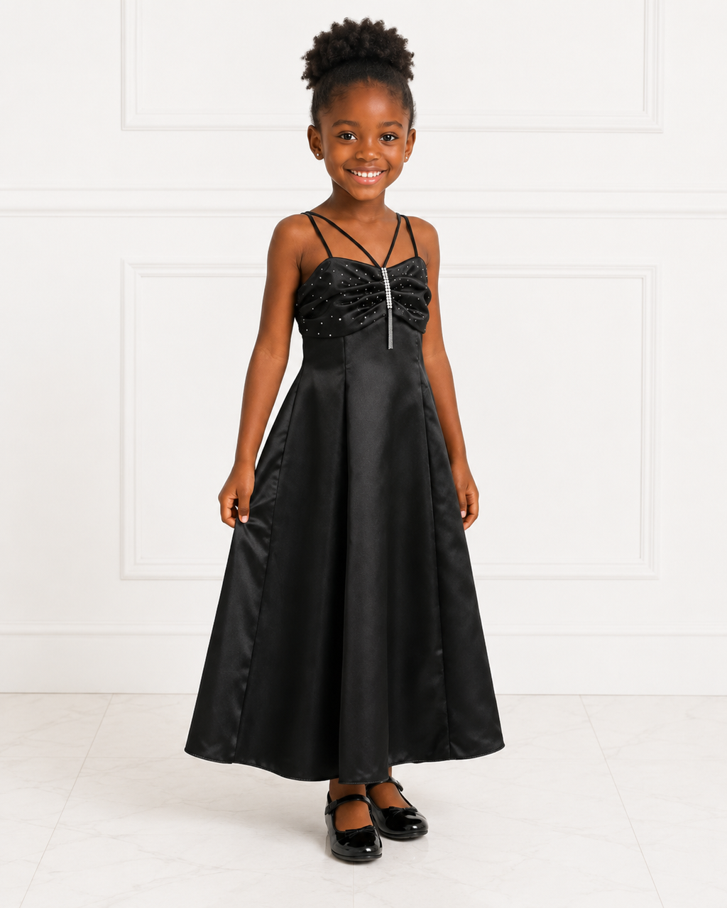 Girls Black Satin Beaded-Bodice Party Gown - Front View 3 | Afayi Commerce