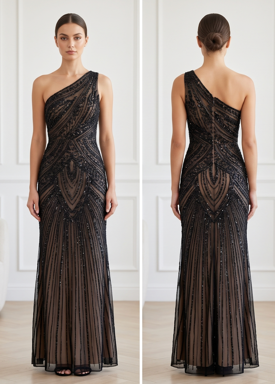 Black Deco Beaded One-Shoulder Gown
