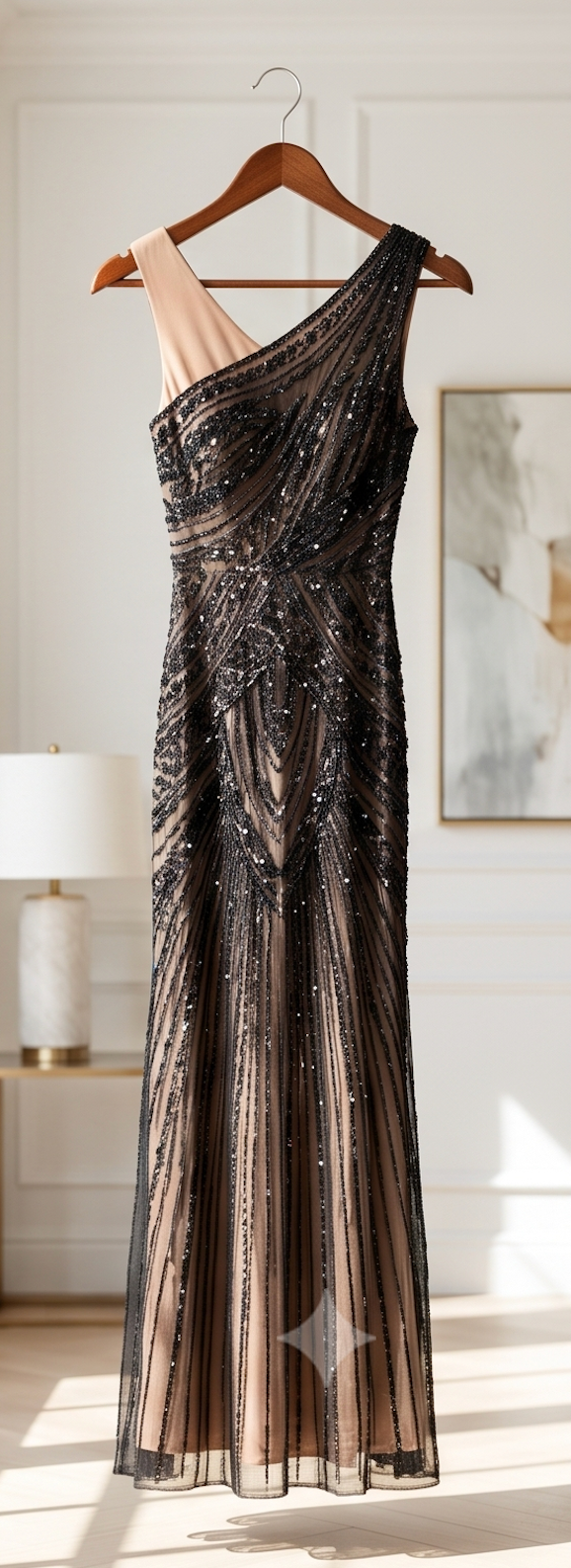 Black Deco Beaded One-Shoulder Gown