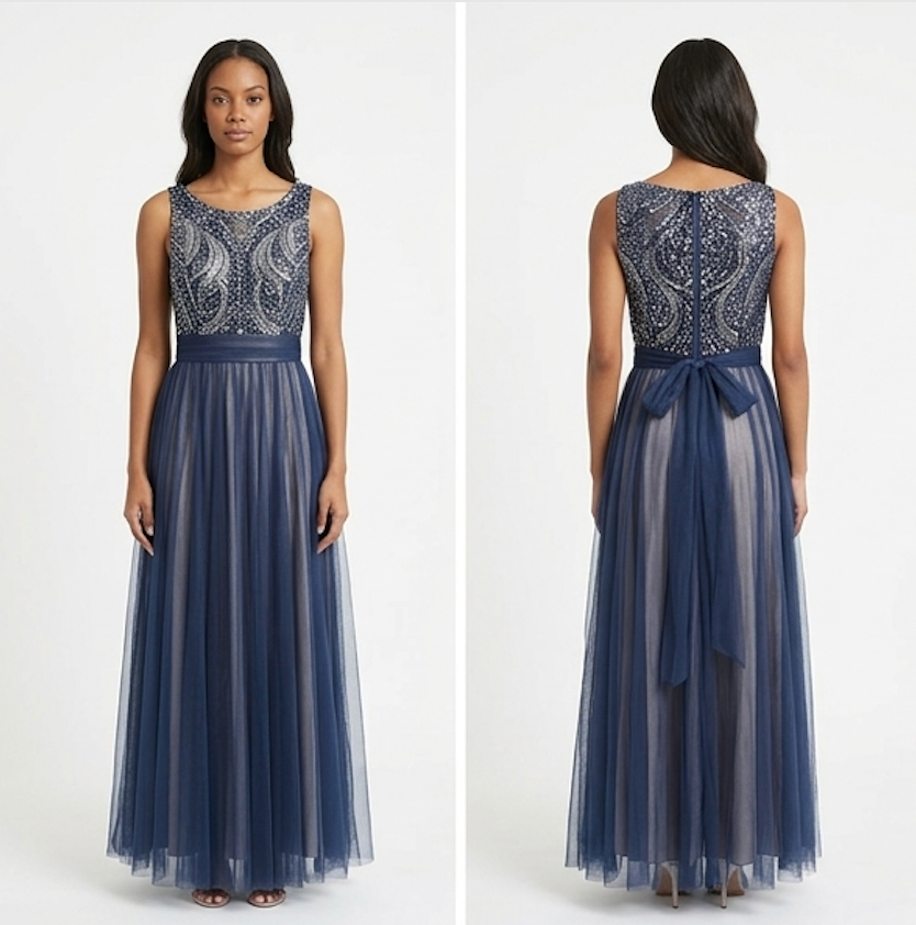 Navy Beaded Tulle Gown
