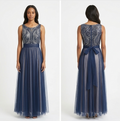 Navy Beaded Tulle Gown