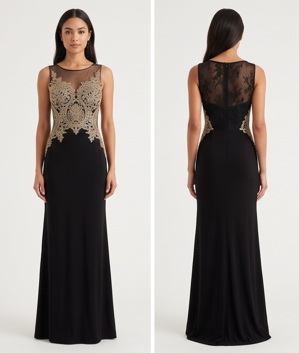 Black Gold-Lace Bodice Gown