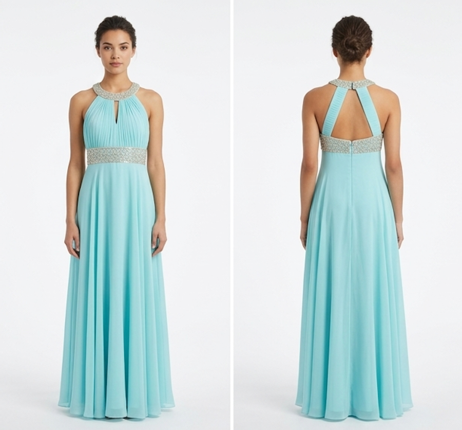 Aqua Halter Beaded Gown