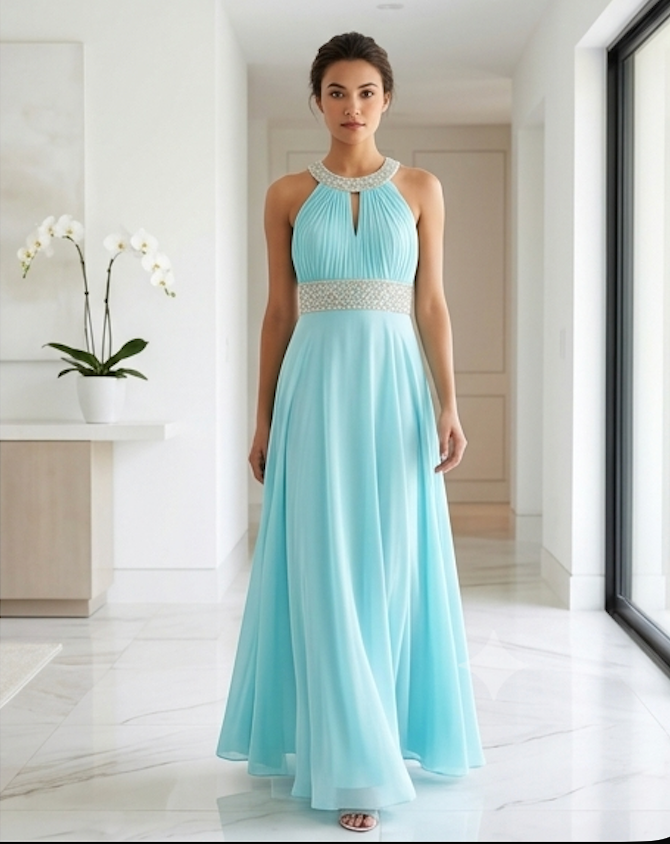 Aqua Halter Beaded Gown