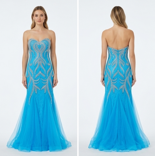 Azure Beaded Tulle Mermaid Gown