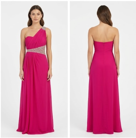 Fuchsia One-Shoulder Beaded Gown