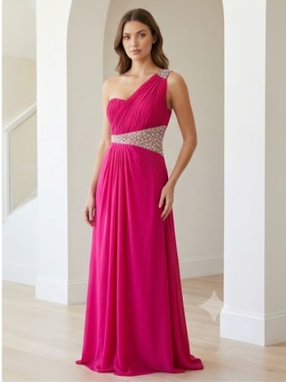 Fuchsia One-Shoulder Beaded Gown