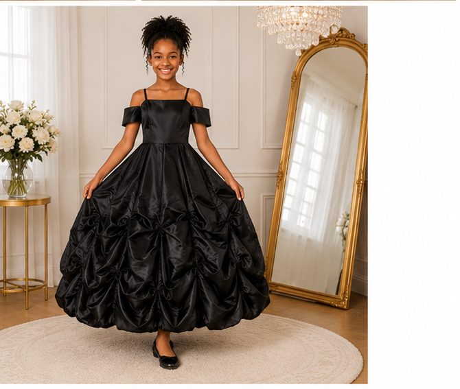 Girls Black Satin Off-Shoulder Ball Gown - image 5