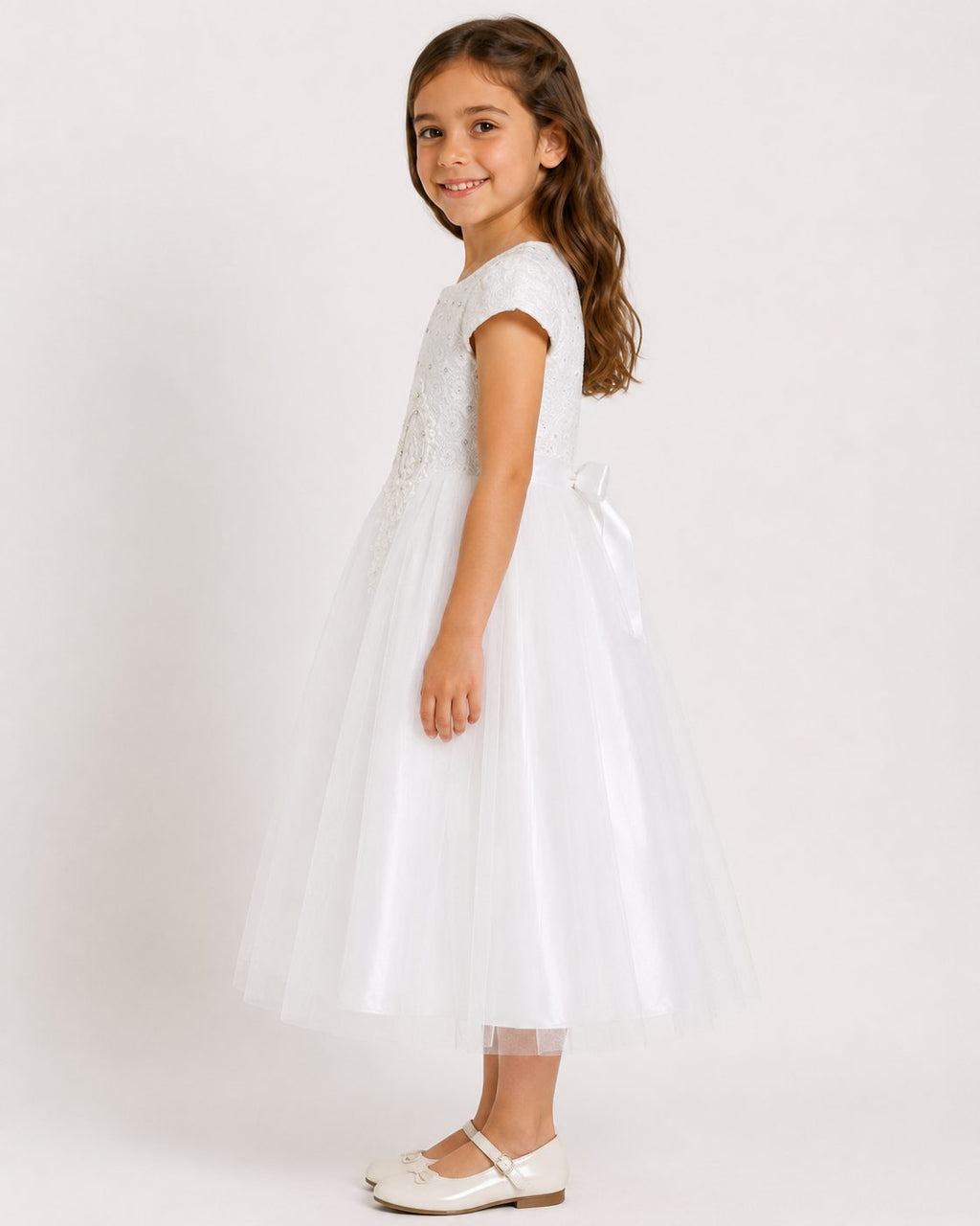 White Lace Cap-Sleeve Flower Girl Dress - image 2