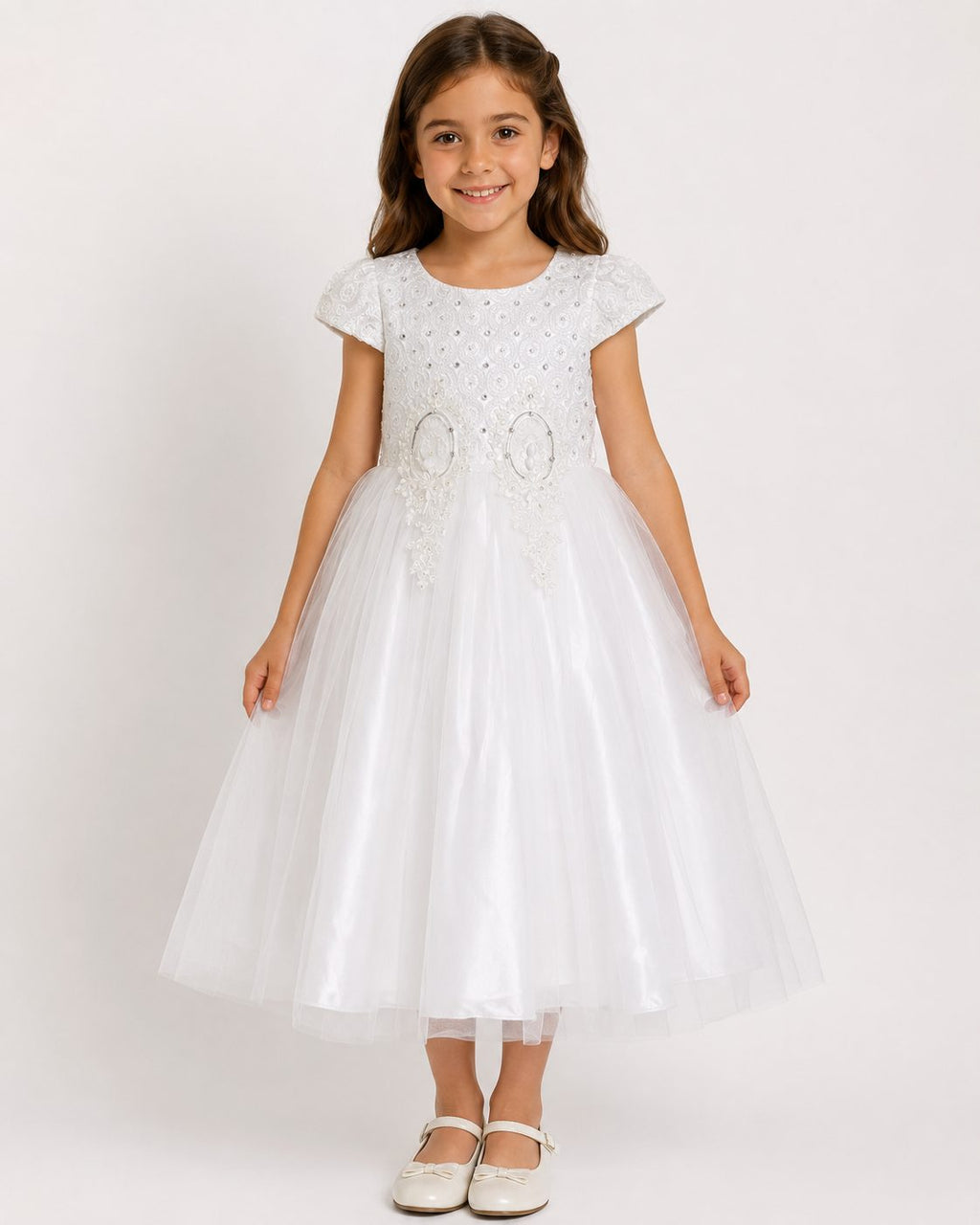 White Lace Cap-Sleeve Flower Girl Dress - image 3