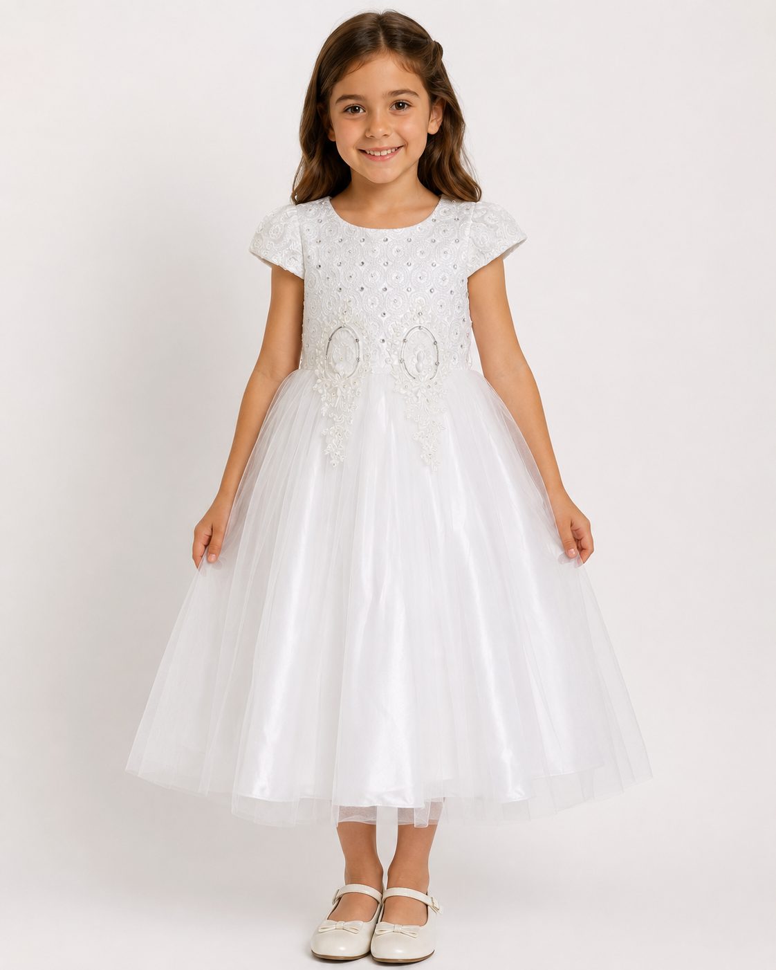 White Lace Cap-Sleeve Flower Girl Dress - image 3