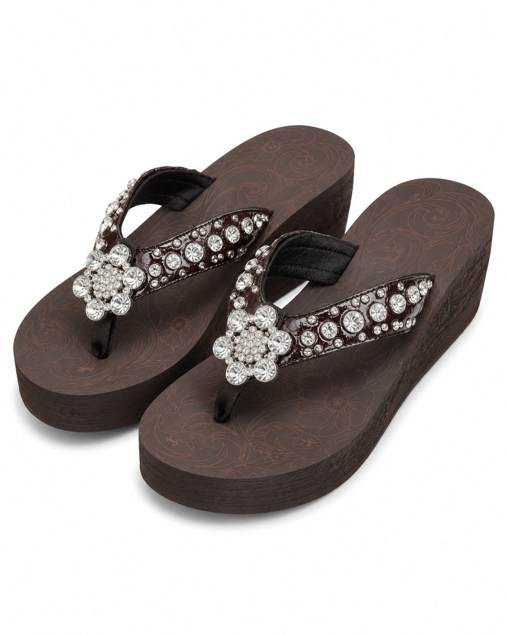 Brown Pearl-Flower Beaded Wedge Flip-Flops - image 1