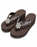 Brown Pearl-Flower Beaded Wedge Flip-Flops - image 1