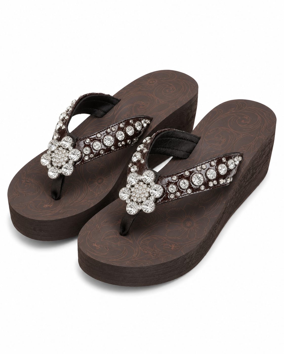 Brown Pearl-Flower Beaded Wedge Flip-Flops - image 1