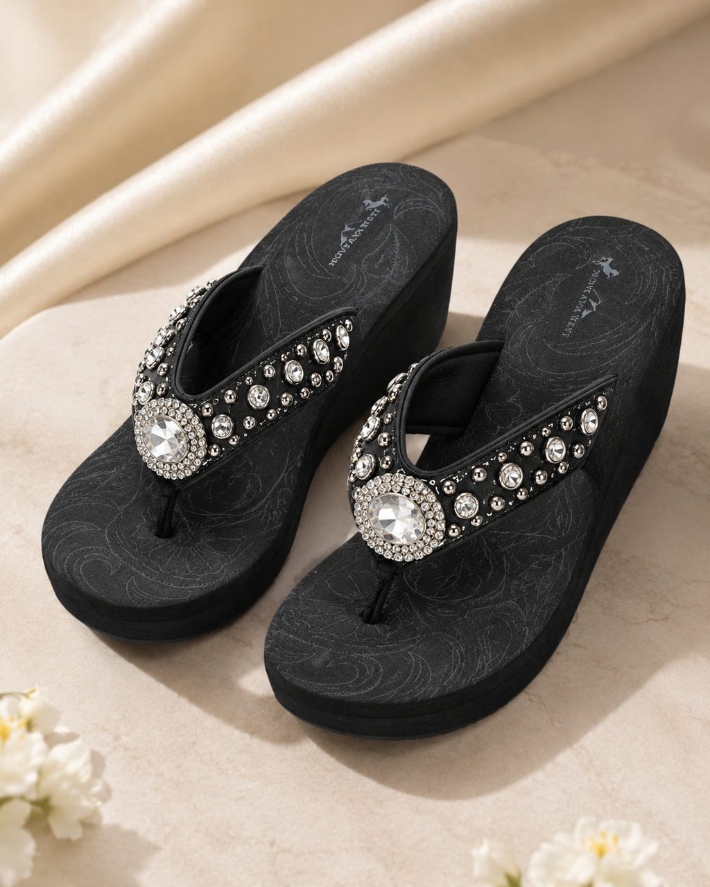 Black Pearl-Flower Beaded Wedge Flip-Flops - image 4