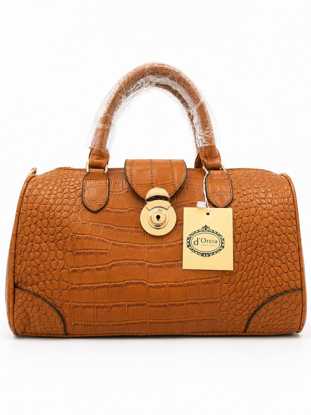 Cognac Croc-Embossed Satchel Bag - image 3