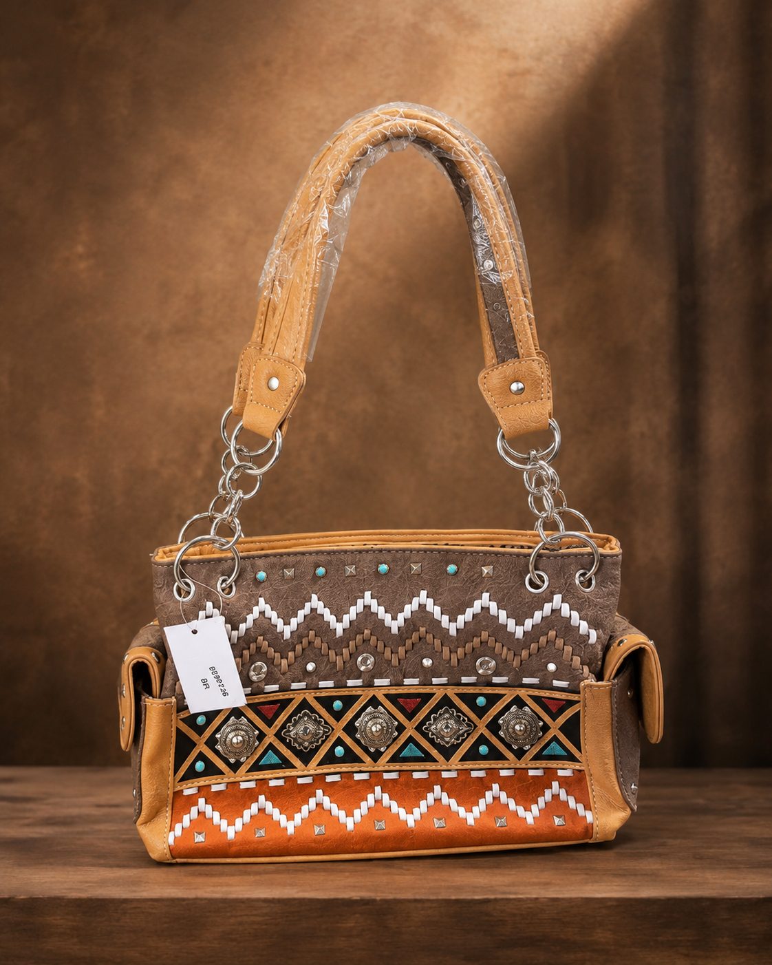 Tan Southwestern Aztec-Pattern Satchel Bag - image 1