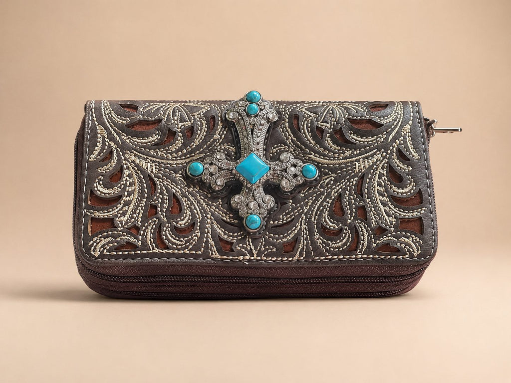 Brown Tooled Wallet with Turquoise Cross - image 1