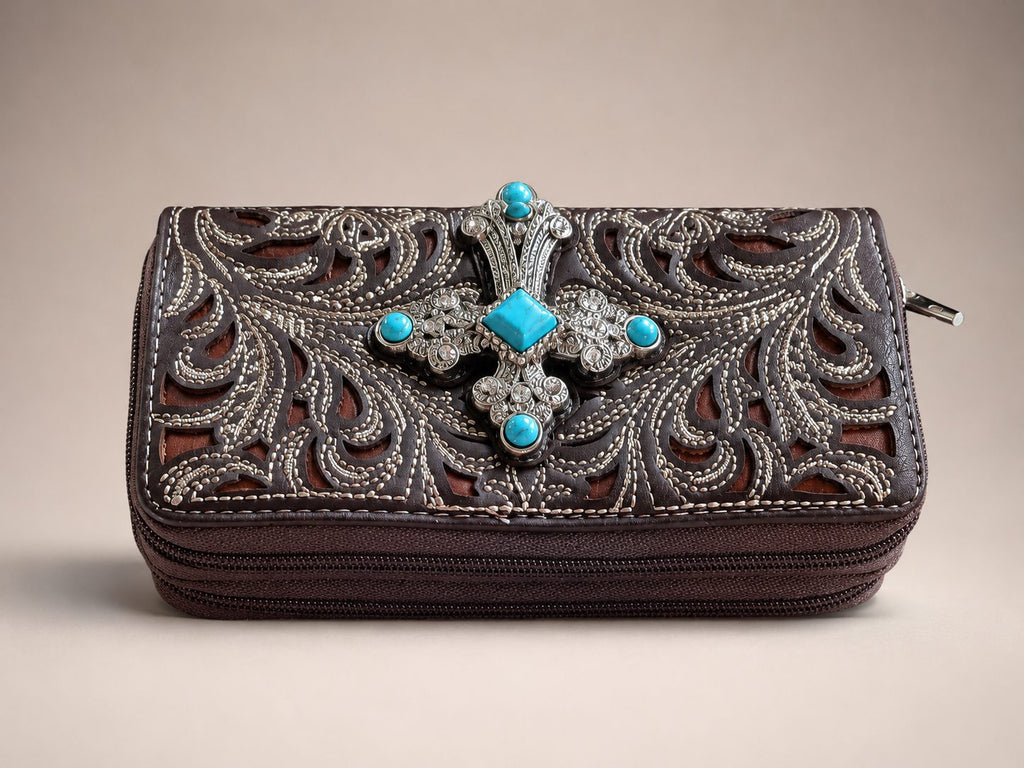 Brown Tooled Wallet with Turquoise Cross - image 2