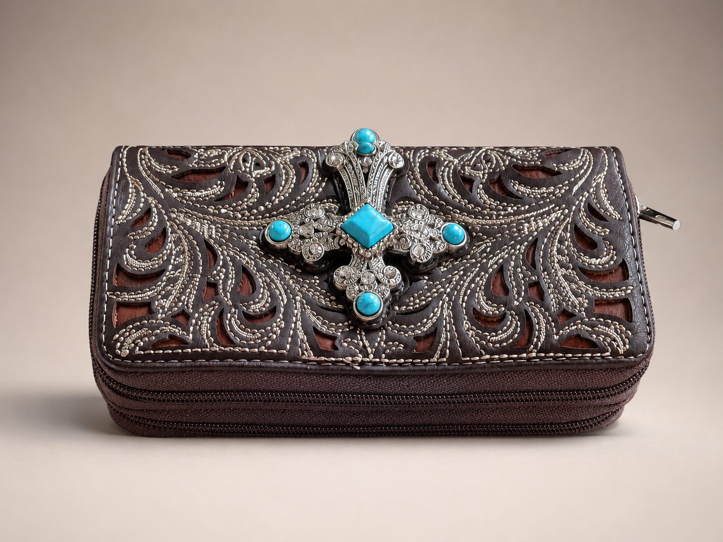 Brown Tooled Wallet with Turquoise Cross - image 2