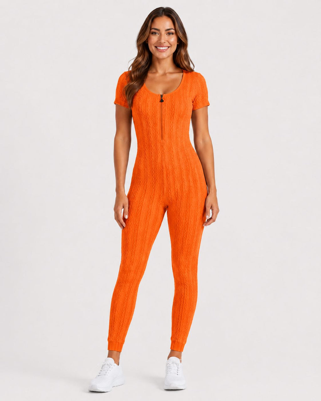 Ribbed Zip-Front Romper - Orange - image 2